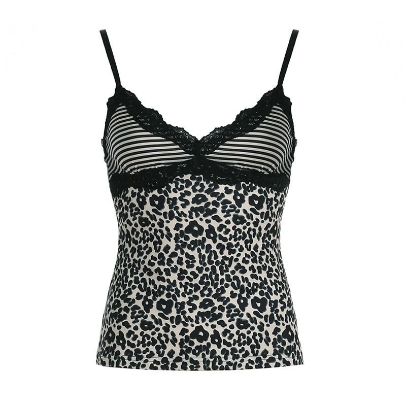Leopard Striped Lace Trim V Neck Slim Camisole