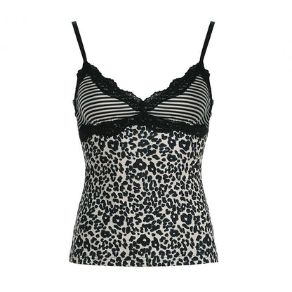 Leopard Striped Lace Trim V Neck Slim Camisole