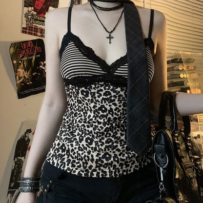 Leopard Striped Lace Trim V Neck Slim Camisole