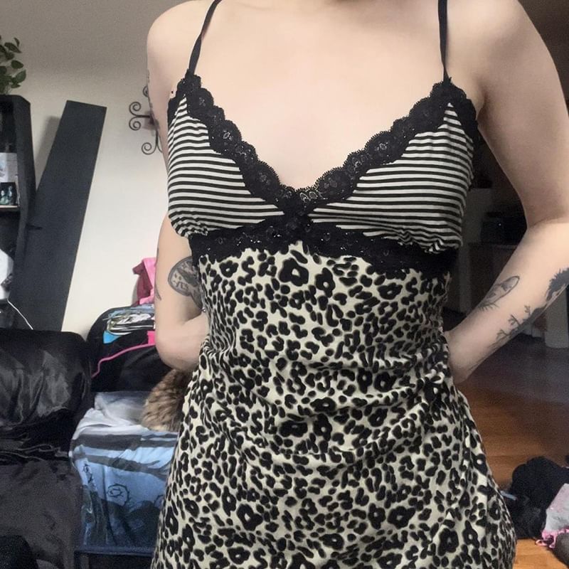 Leopard Striped Lace Trim V Neck Slim Camisole
