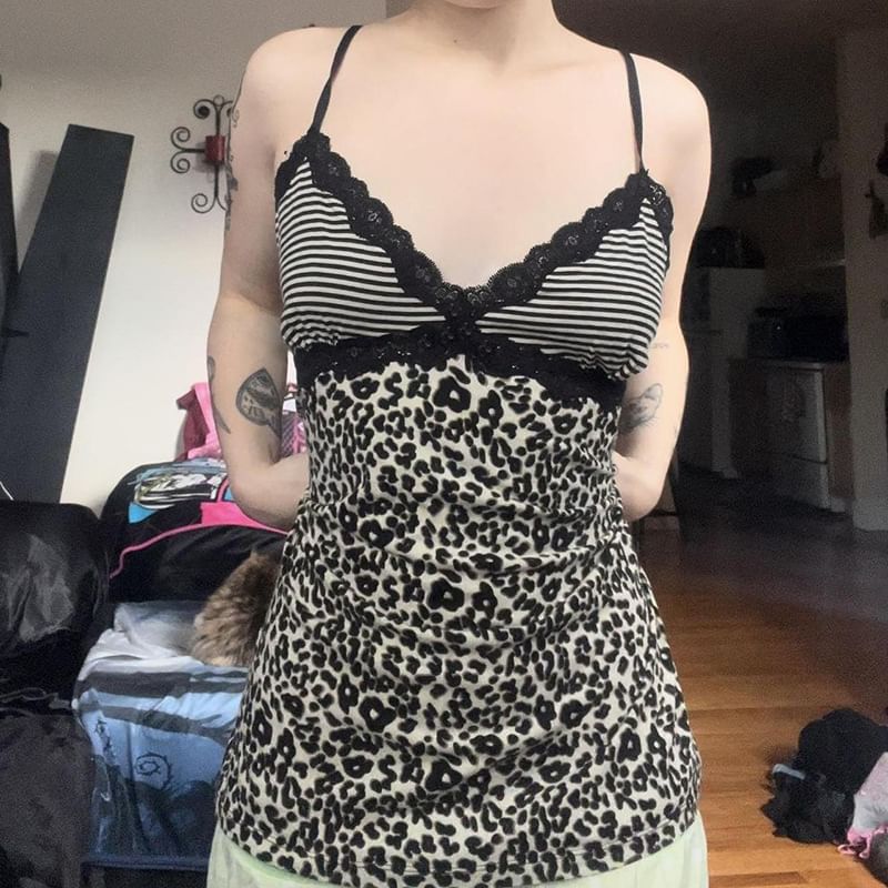 Leopard Striped Lace Trim V Neck Slim Camisole