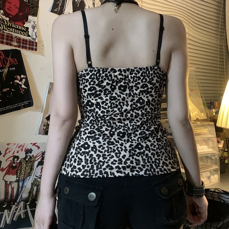 Leopard Striped Lace Trim V Neck Slim Camisole