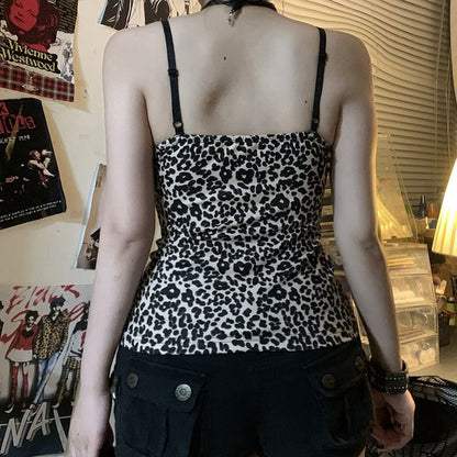 Leopard Striped Lace Trim V Neck Slim Camisole