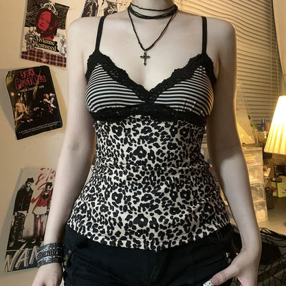 Leopard Striped Lace Trim V Neck Slim Camisole