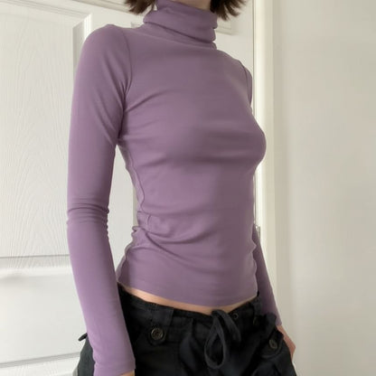 Slim Fitting Turtleneck Long Sleeve Solid Tee