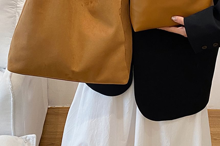 Faux Leather Plain Shoulder Bag With Pouch