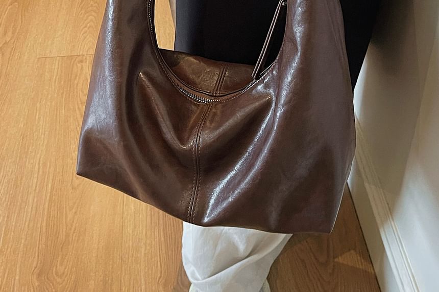 Faux Leather Plain Zip Shoulder Bag