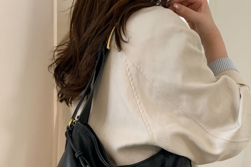 Faux Leather Plain Shoulder Bag With Tag