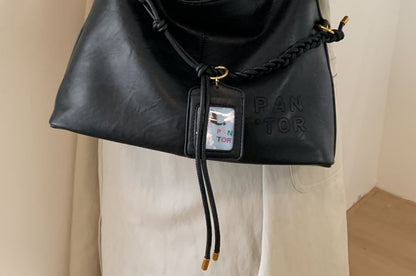 Faux Leather Plain Shoulder Bag With Tag