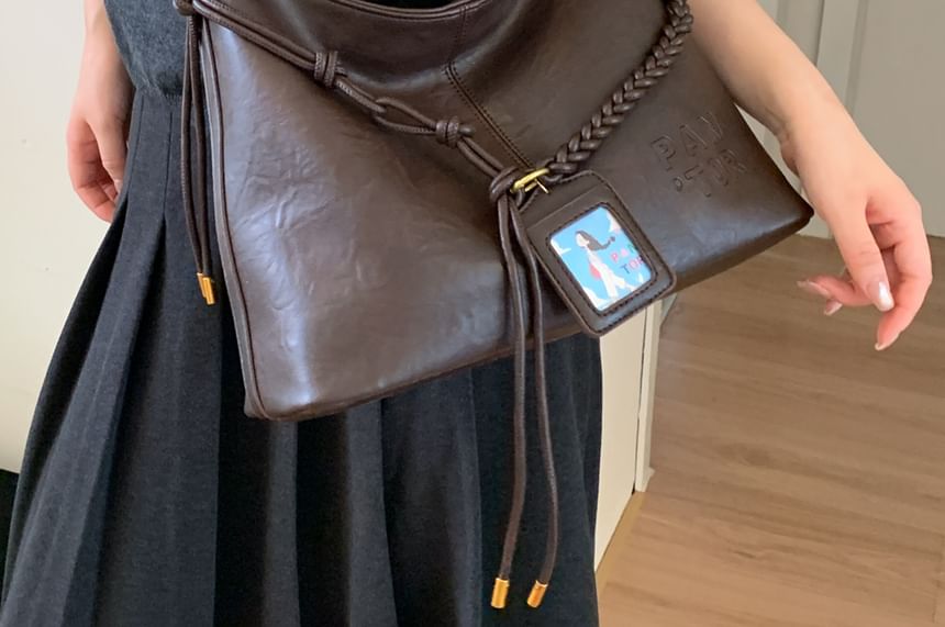 Faux Leather Plain Shoulder Bag With Tag