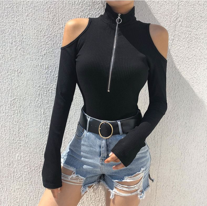 Ribbed Cold-Shoulder Long-Sleeve Zip-Up Tee Shirt