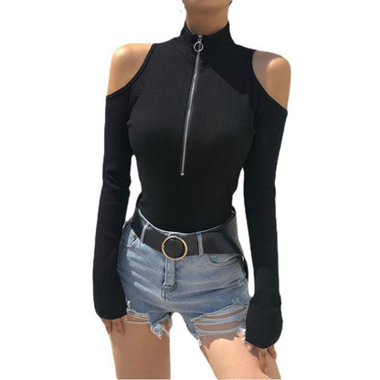 Ribbed Cold-Shoulder Long-Sleeve Zip-Up Tee Shirt