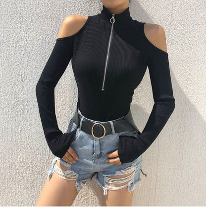 Ribbed Cold-Shoulder Long-Sleeve Zip-Up Tee Shirt