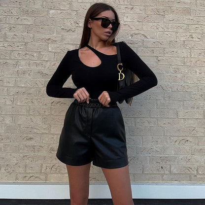 Asymmetric Neckline Long-Sleeve Solid Bodysuit Top