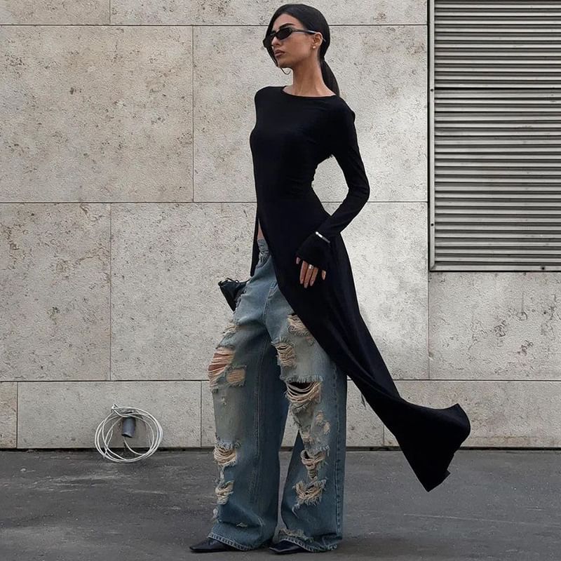 Asymmetric Slit Crewneck Extended Long-Sleeve Tee