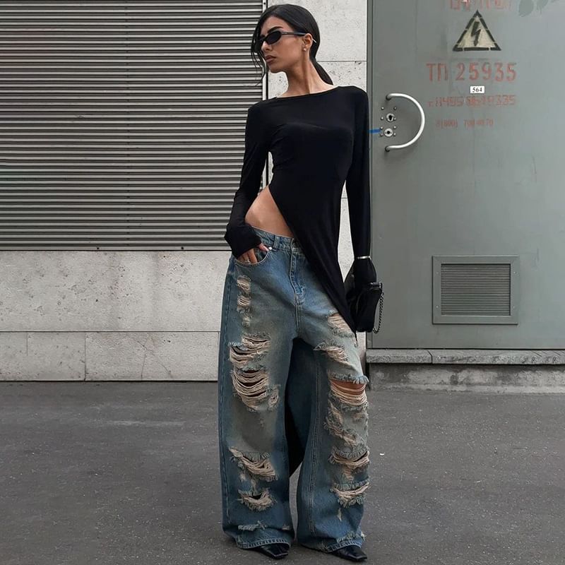 Asymmetric Slit Crewneck Extended Long-Sleeve Tee