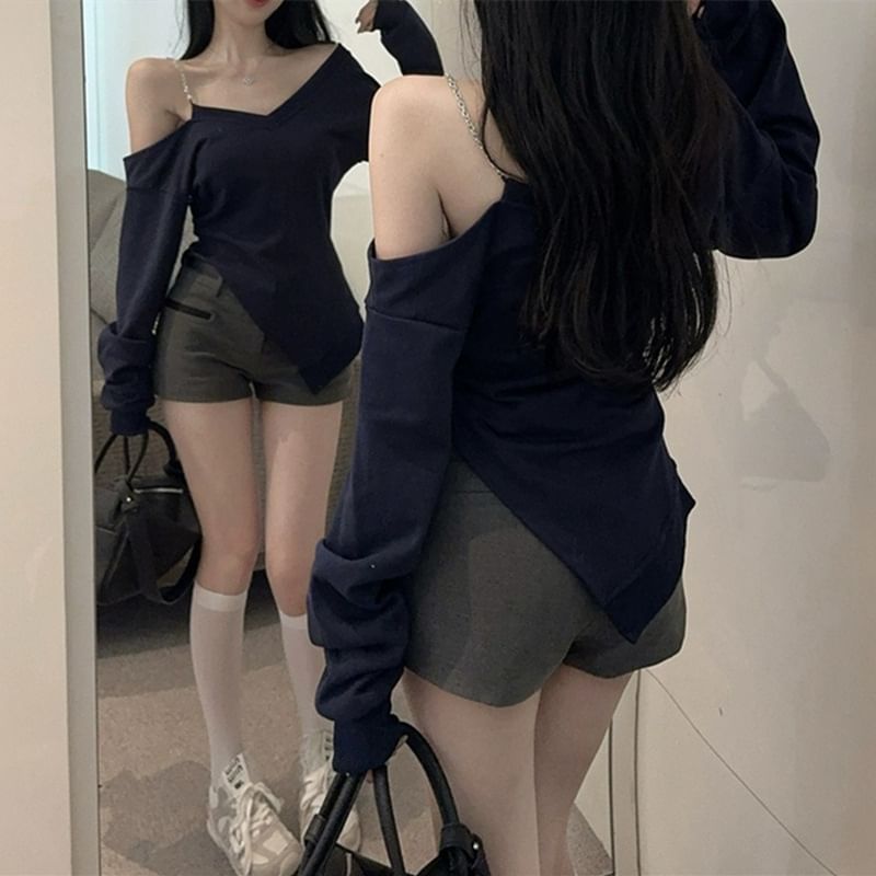 Chain Strap Cold Shoulder Solid Asymmetric Sweatshirt
