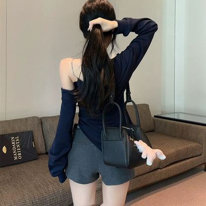 Chain Strap Cold Shoulder Solid Asymmetric Sweatshirt