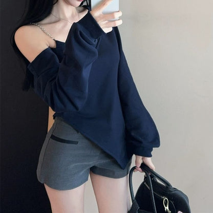 Chain Strap Cold Shoulder Solid Asymmetric Sweatshirt