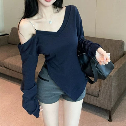 Chain Strap Cold Shoulder Solid Asymmetric Sweatshirt