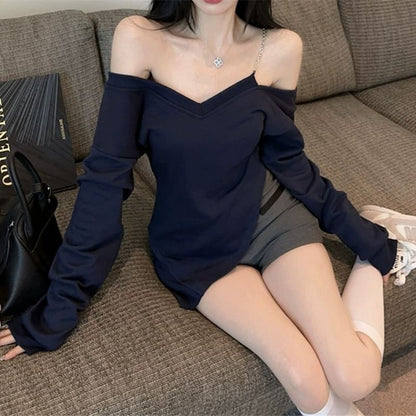 Chain Strap Cold Shoulder Solid Asymmetric Sweatshirt