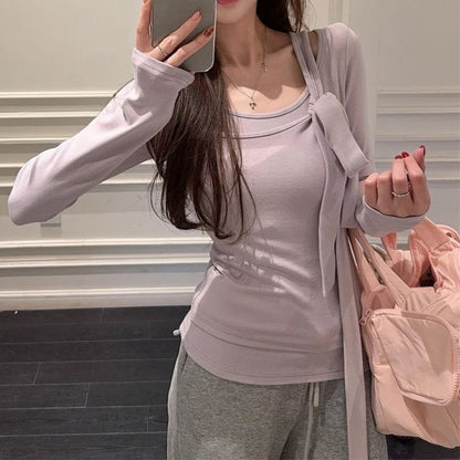 Scoop Neck Tee and Skinny Scarf Mock Layer Set