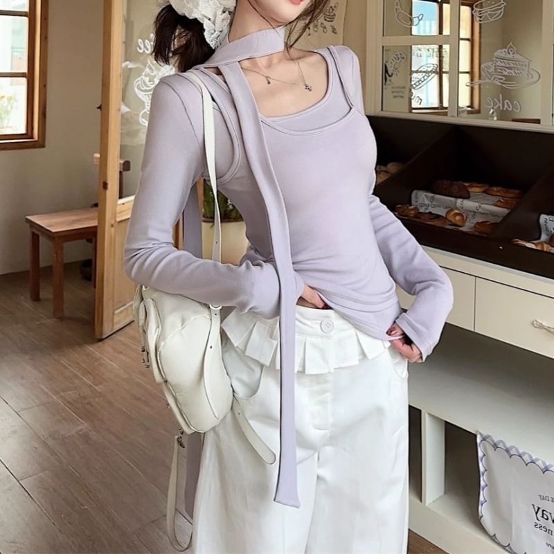 Scoop Neck Tee and Skinny Scarf Mock Layer Set