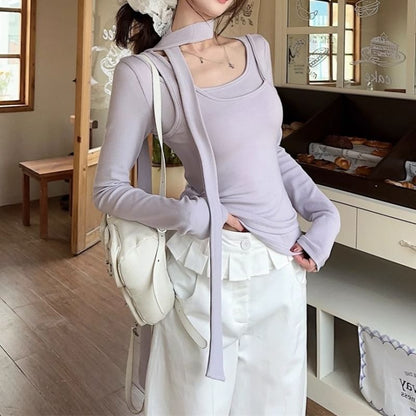 Scoop Neck Tee and Skinny Scarf Mock Layer Set