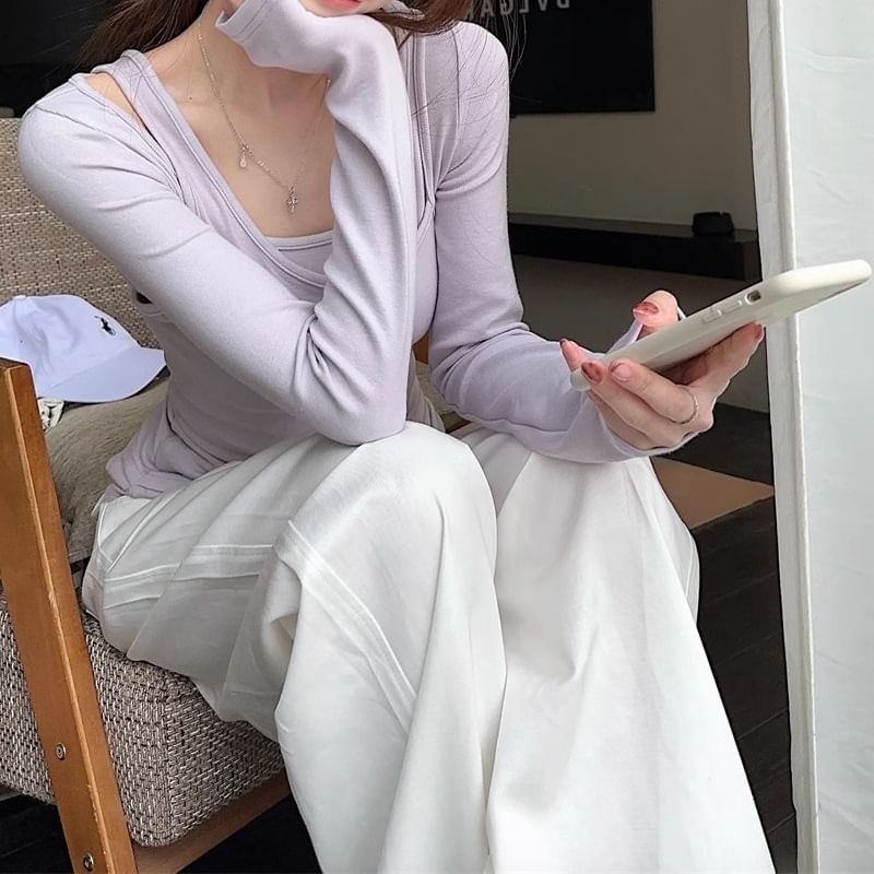 Scoop Neck Tee and Skinny Scarf Mock Layer Set