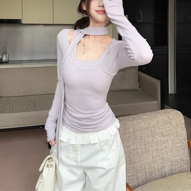 Scoop Neck Tee and Skinny Scarf Mock Layer Set
