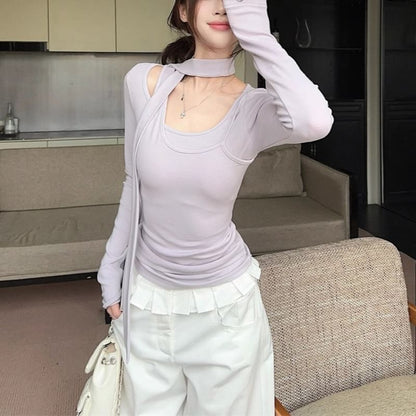 Scoop Neck Tee and Skinny Scarf Mock Layer Set