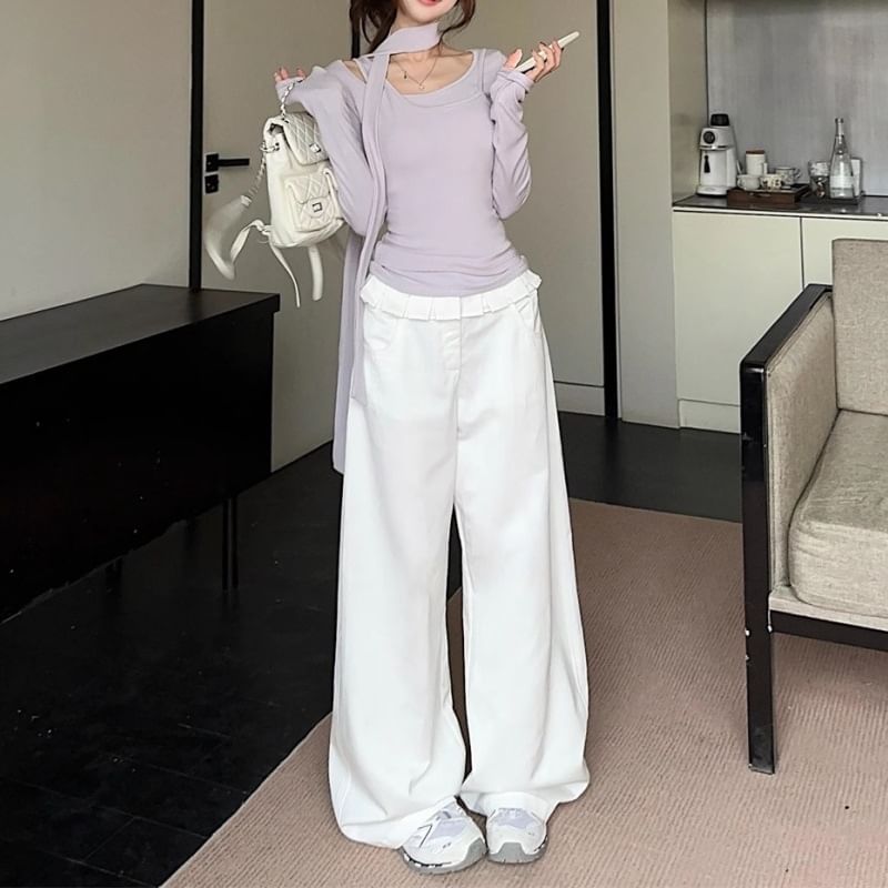 Scoop Neck Tee and Skinny Scarf Mock Layer Set