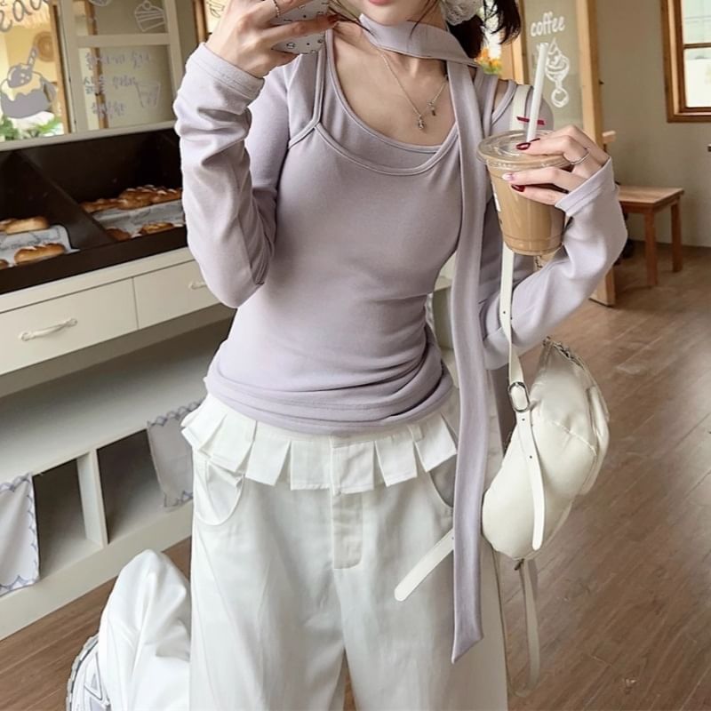 Scoop Neck Tee and Skinny Scarf Mock Layer Set