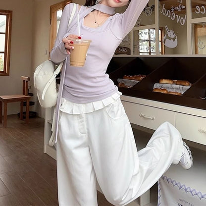 Scoop Neck Tee and Skinny Scarf Mock Layer Set