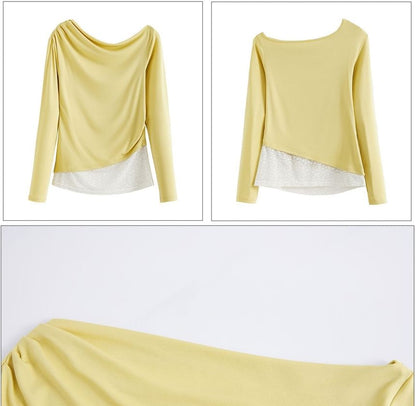 Asymmetric Lace Panel Off Shoulder Slim Tee