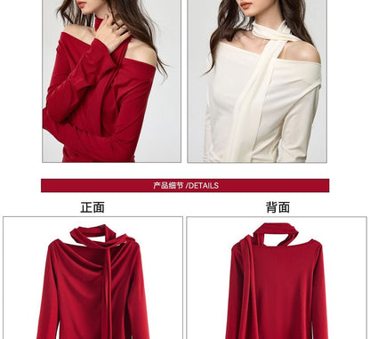 Cowl Neck Crop Tee and Skinny Scarf Slim Set