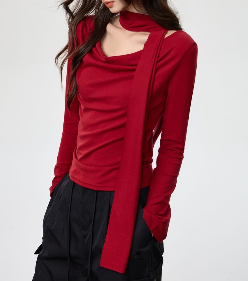 Cowl Neck Crop Tee and Skinny Scarf Slim Set