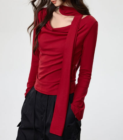 Cowl Neck Crop Tee and Skinny Scarf Slim Set
