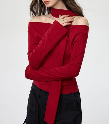Cowl Neck Crop Tee and Skinny Scarf Slim Set