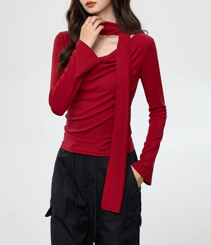 Cowl Neck Crop Tee and Skinny Scarf Slim Set