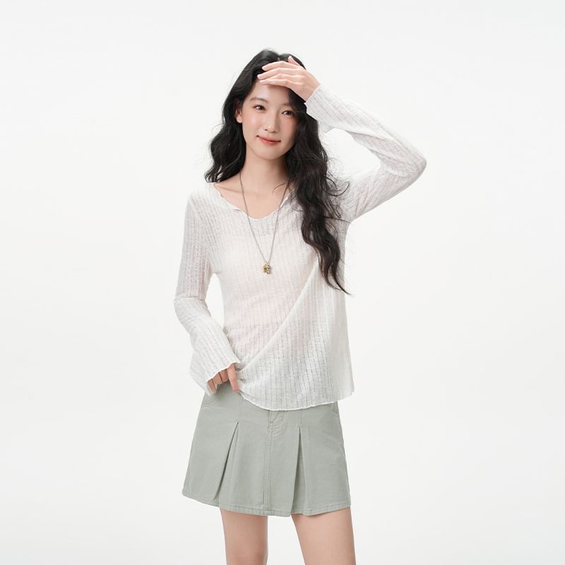 Notch Neck Sheer Knit Long Sleeve Solid Blouse
