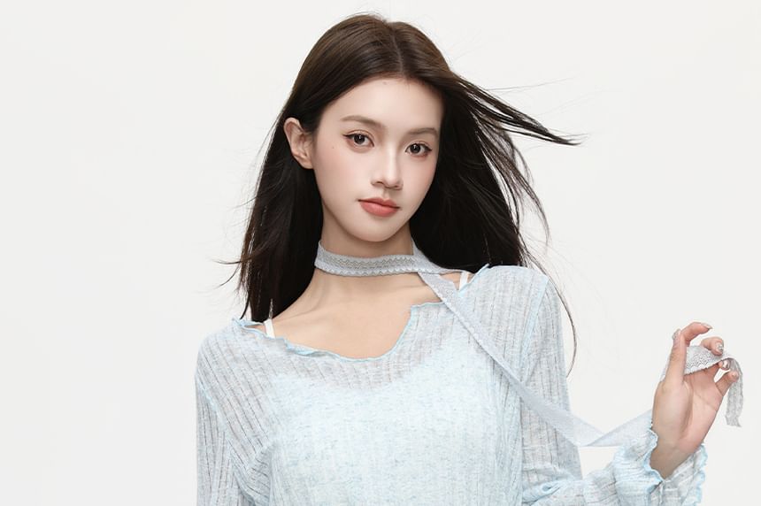 Notch Neck Sheer Knit Long Sleeve Solid Blouse