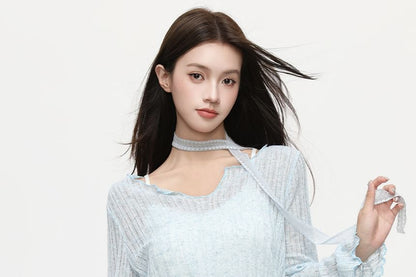 Notch Neck Sheer Knit Long Sleeve Solid Blouse