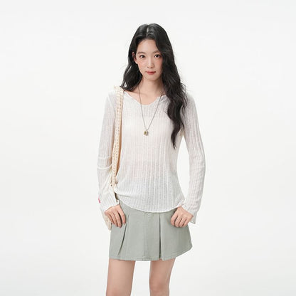Notch Neck Sheer Knit Long Sleeve Solid Blouse