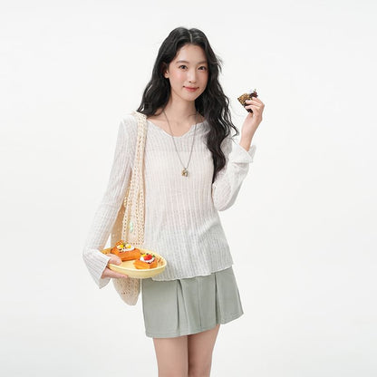 Notch Neck Sheer Knit Long Sleeve Solid Blouse