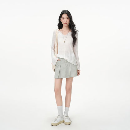 Notch Neck Sheer Knit Long Sleeve Solid Blouse