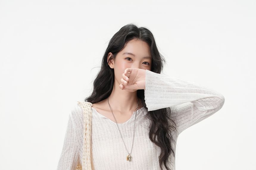 Notch Neck Sheer Knit Long Sleeve Solid Blouse
