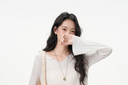 Notch Neck Sheer Knit Long Sleeve Solid Blouse