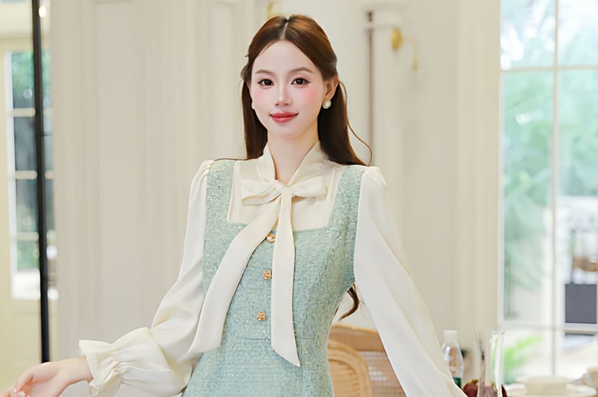 Button-Up Tweed Crop Jacket / Mock Two-Piece Long-Sleeve Maxi Sheath Dress / Set