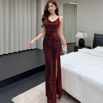 Spaghetti Strap V-Neck Sequin Patterned Slit Trumpet Evening Dress